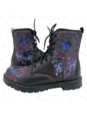 Yin Yang Dreamcatcher Combat Boots Black Blue Faux Leather Festival EU 38 | US 7